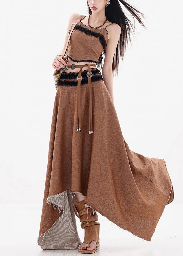 French Coffee Lace Tank and Skirts Denim Two Pieces Set Sleeveless