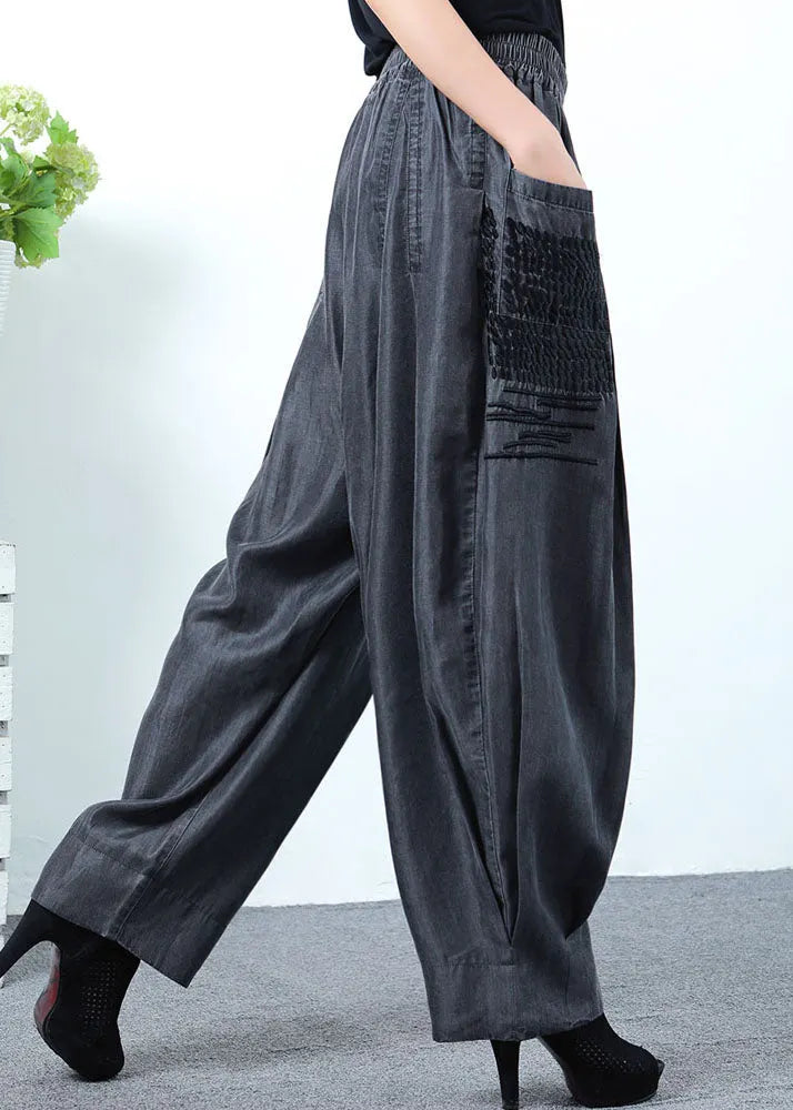 Classy Black Grey Pockets Wrinkled Denim Pants Spring