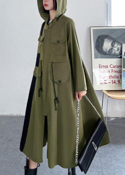 Army Green Pockets Patchwork Button Zippered Fall Tie Waist Hooded Coat Long Sleeve
