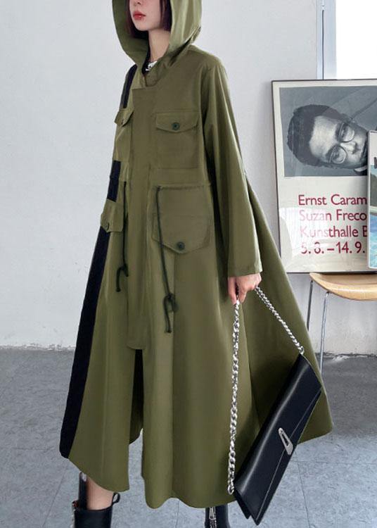 Army Green Pockets Patchwork Button Zippered Fall Tie Waist Hooded Coat Long Sleeve