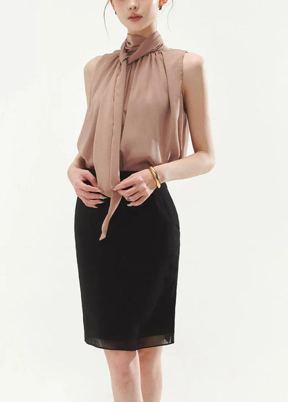 Loose Rubber Powder Bow Tops and Side Open Black Skirts Two Piece Set Sleeveless