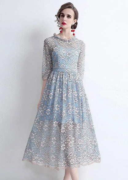 French Blue O-neck Hollow Out Lace Cinch Dresses Half Sleeve