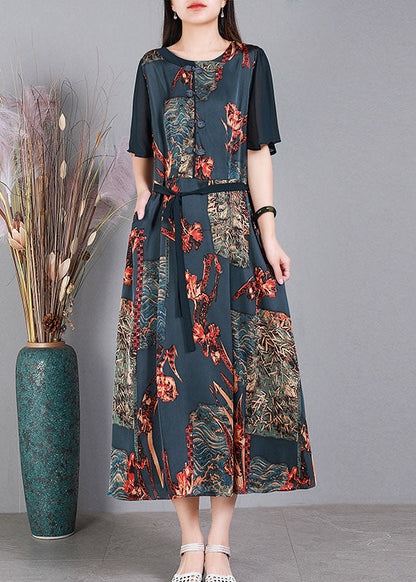 Purple O-neck Patchwork Tie Waist Print Silk Long Dress Short Sleeve