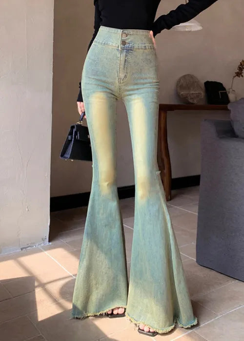 New Blue Button High Waist Denim Flared Trousers Fall