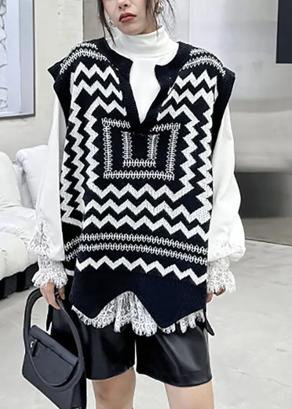 Black White Print V Neck Asymmetrical Thick Cotton Knit Waistcoat Sleeveless
