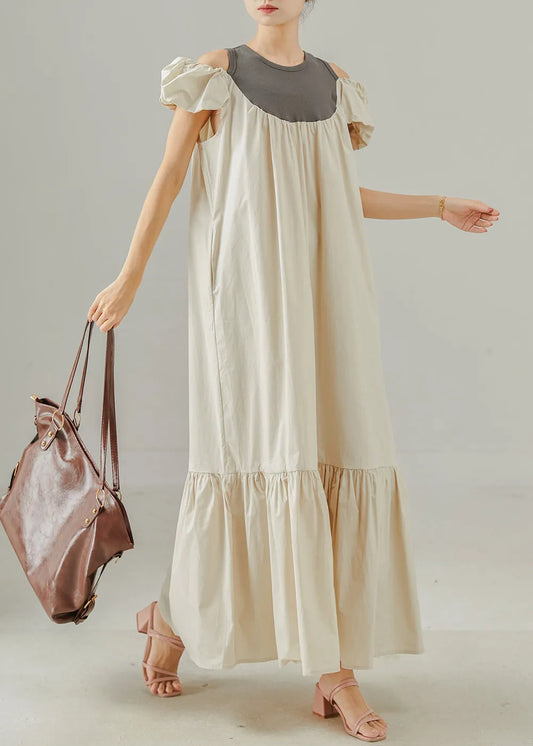 Apricot Cold Shoulder Patchwork Cotton Ankle Dress Summer