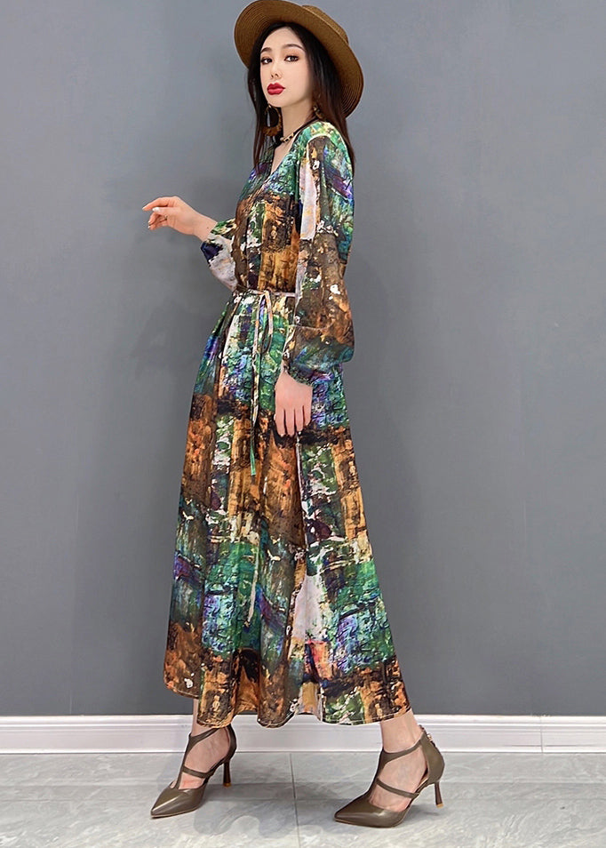 Colorblock V Neck Print Tie Waist Chiffon Holiday Dress Long Sleeve