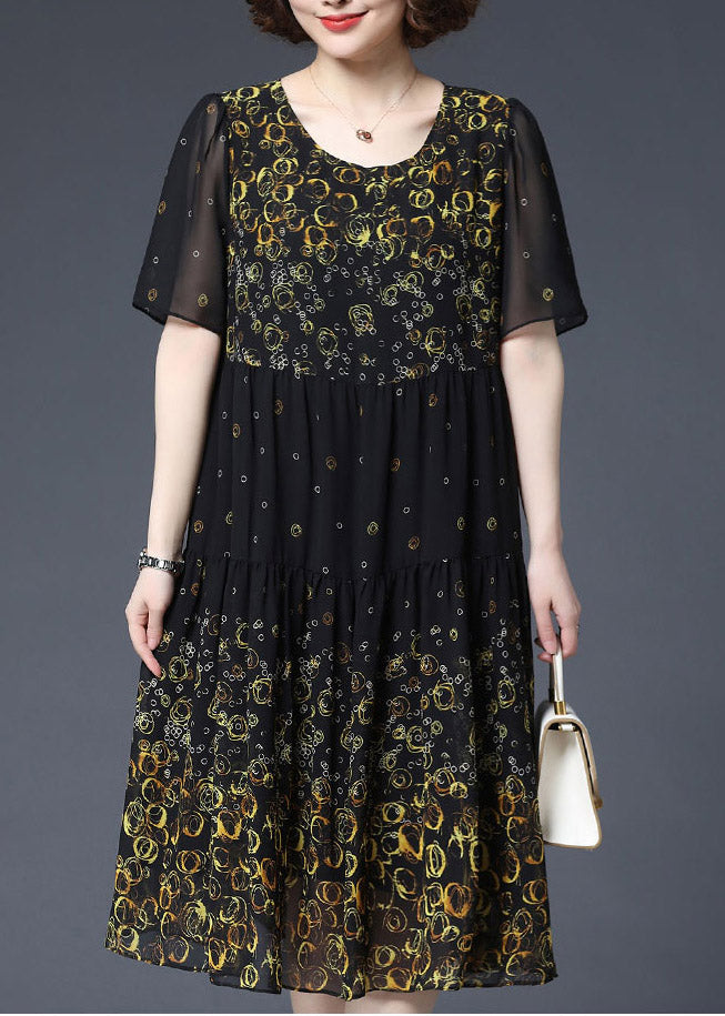 Yellow O-neck Print Wrinkled Chiffon Dress Short Sleeve