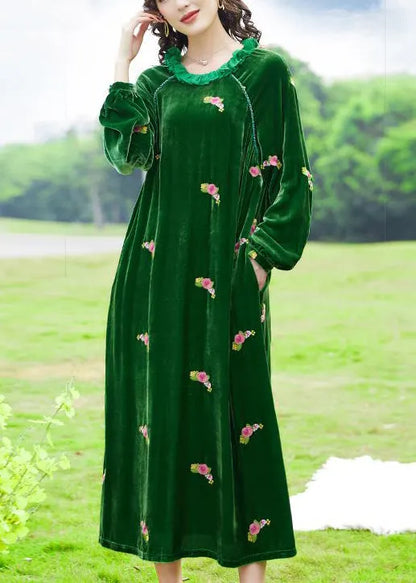 Green Ruffled Embroideried Silk Velour Maxi Dresses Spring