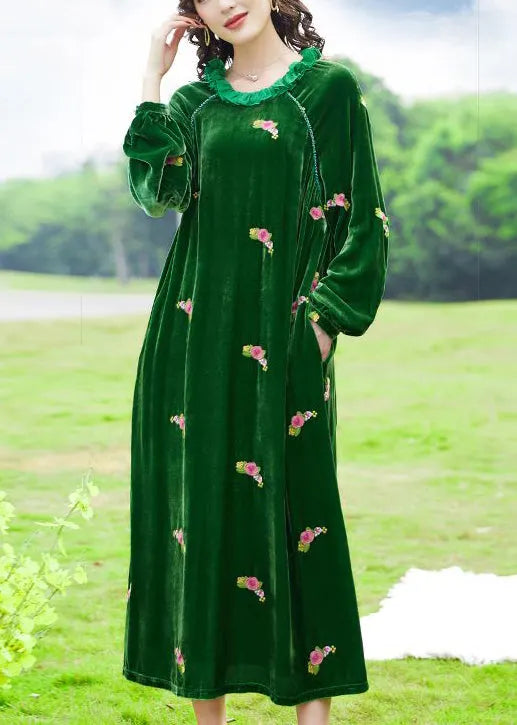 Green Ruffled Embroideried Silk Velour Maxi Dresses Spring