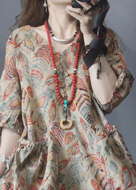 V Neck Print Pockets Linen Jumpsuit Half Sleeve