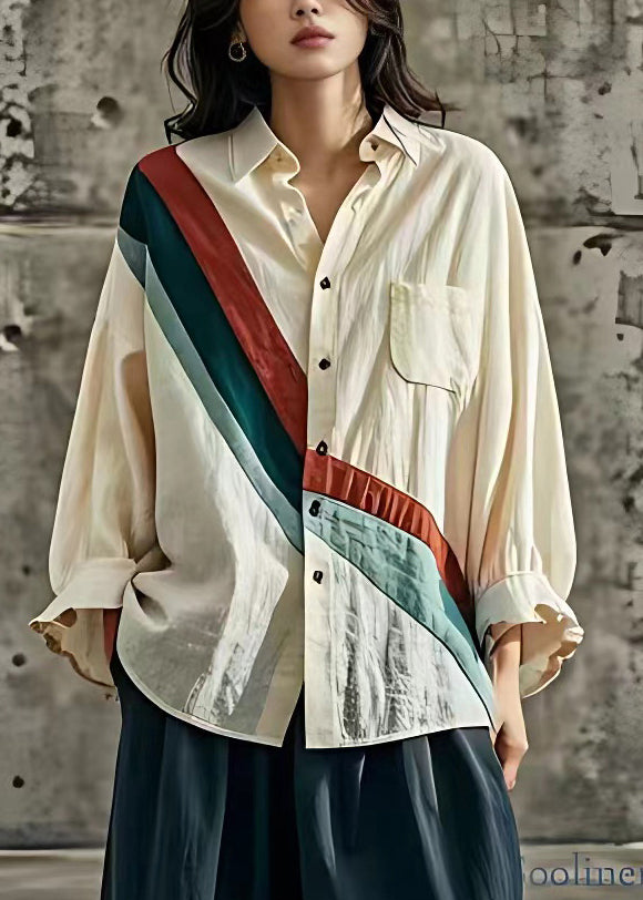 Apricot Peter Pan Collar Striped Patchwork Top Long Sleeve