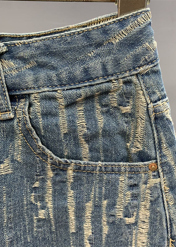 Denim Blue Pockets Patchwork High Waist Cotton a Line Skirt