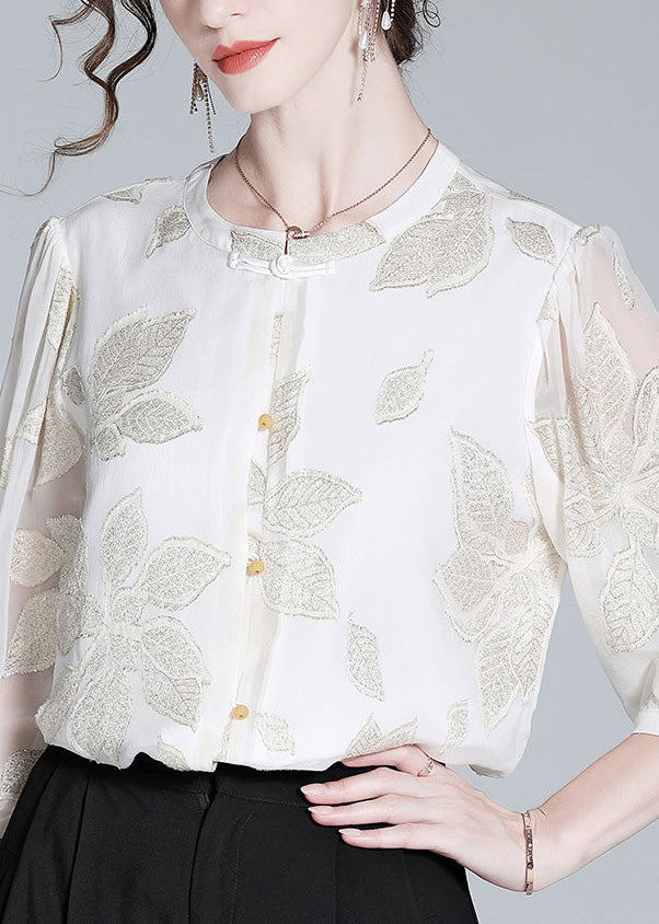 Fine White O-neck Embroideried Print Button Silk Top Spring
