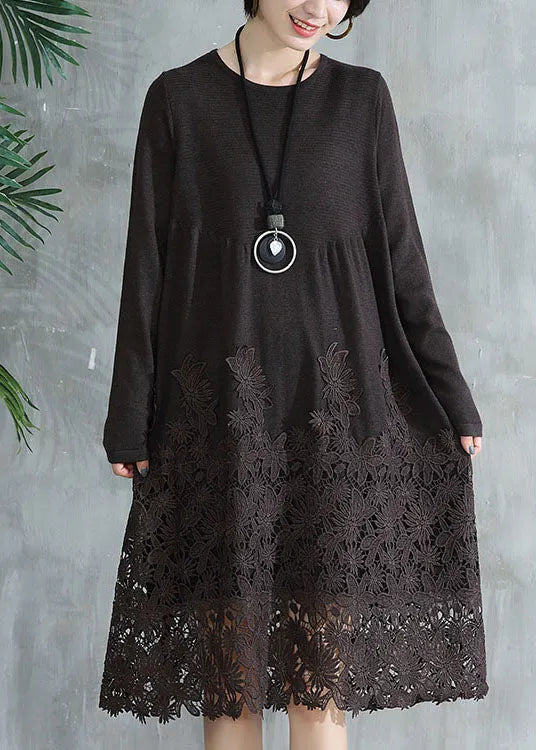 Coffee O Neck Wrinkled Lace Patchwork Knit Dress Fall