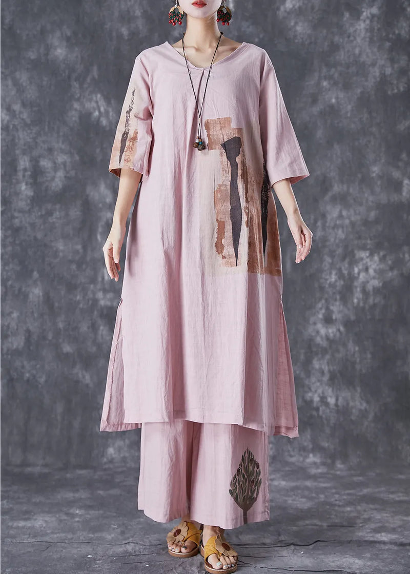Italian Pink Oversized Print Linen Dress and Pants Sets 2 Pieces Summer