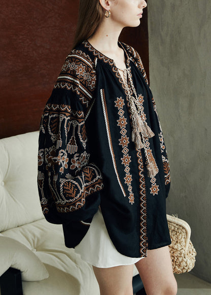 Loose Black Printing Patchwork Linen Shirts Puff Sleeve