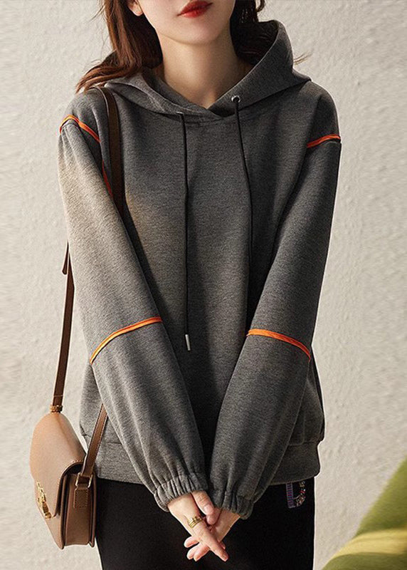 Grey Hooded Lace Up Patchwork Cotton Sweatshirts Long Sleeve
