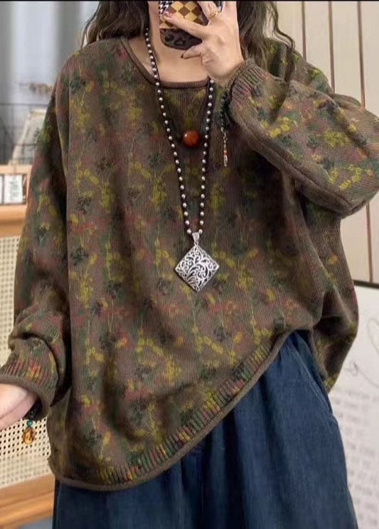 Red O Neck Print Cotton Knit Loose Sweaters Top Spring