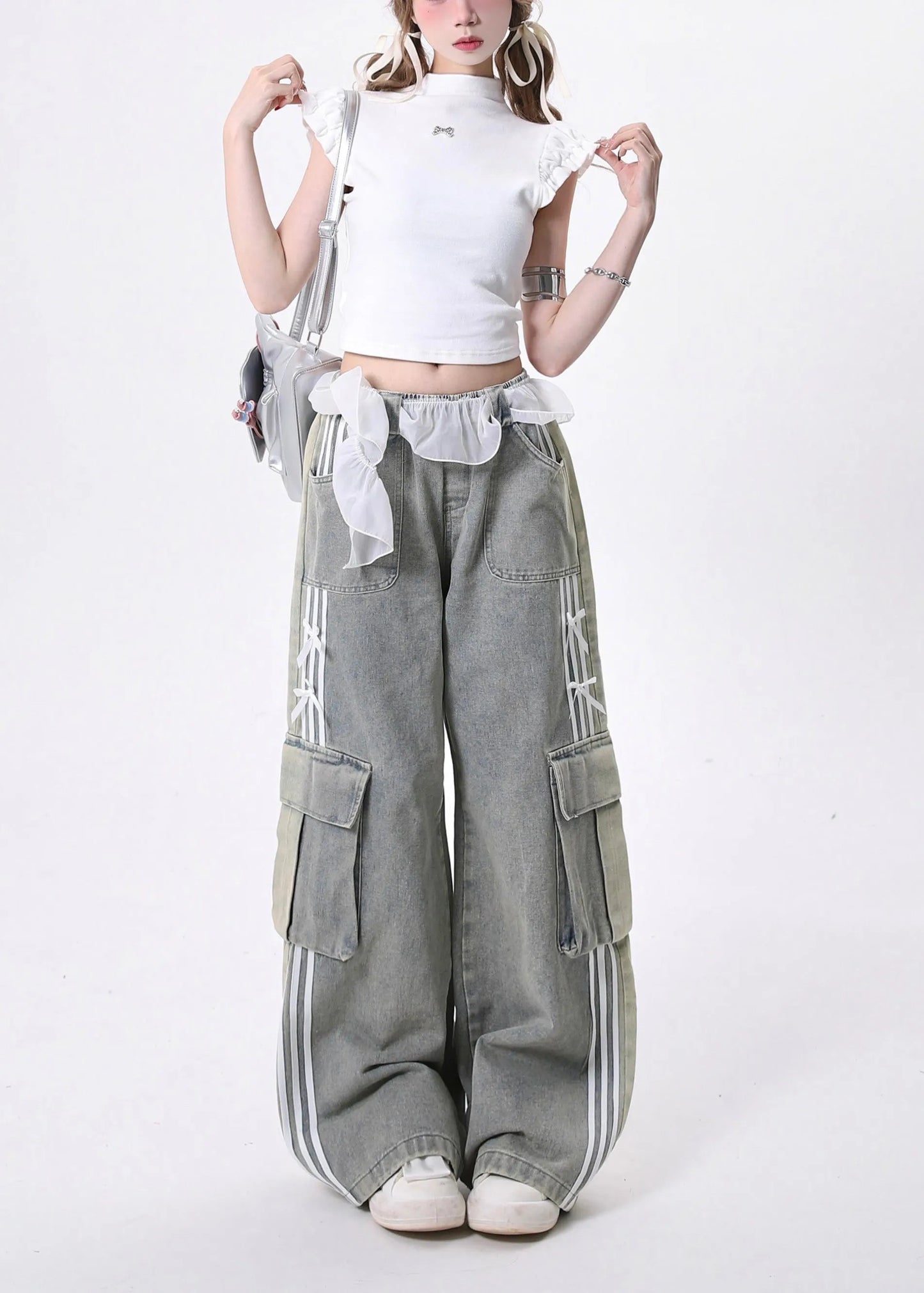 Modern Light Blue Elastic Waist Pockets Denim Pants Fall