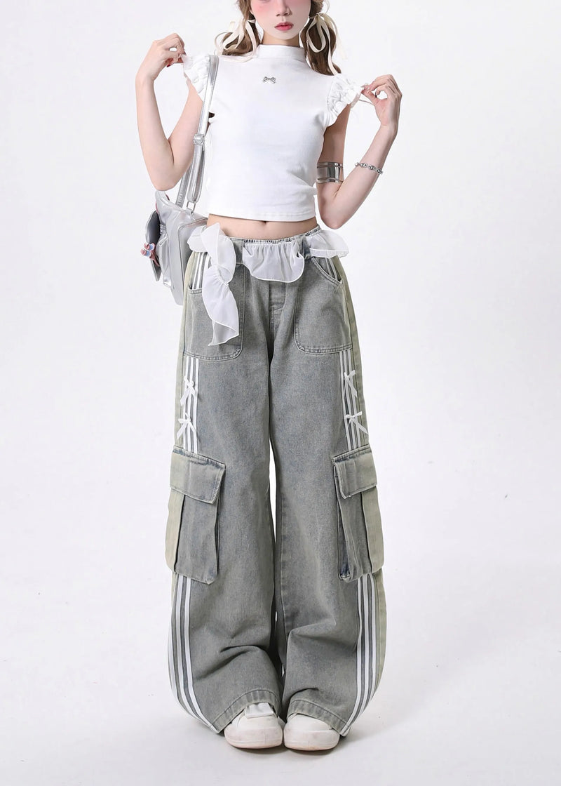 Modern Light Blue Elastic Waist Pockets Denim Pants Fall