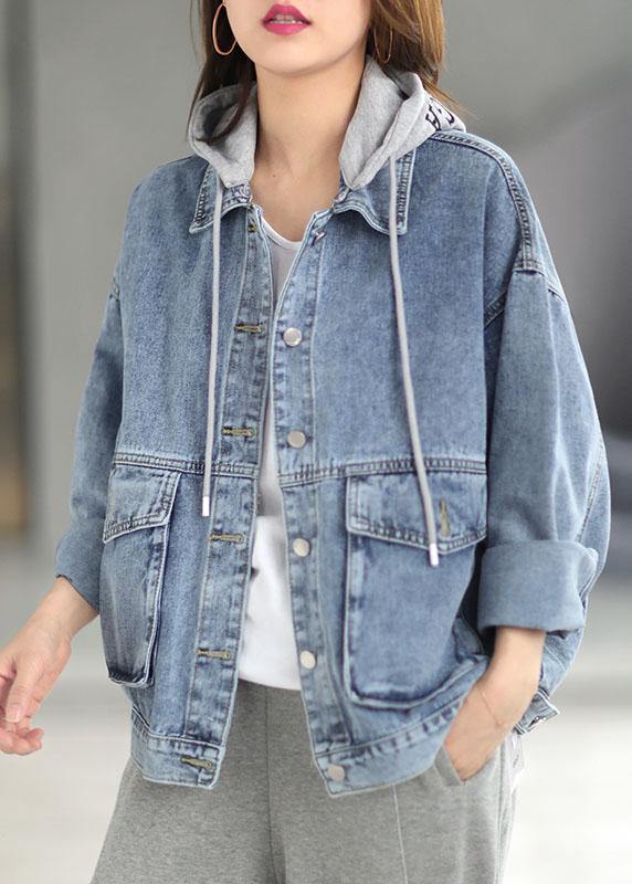 Light Denim Hooded Pockets Button Fall Long Sleeve Coat