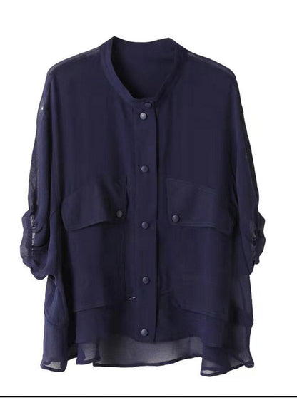 Blue Stand Collar Pockets Button Chiffon Upf 50+ Coats Lantern Sleeve