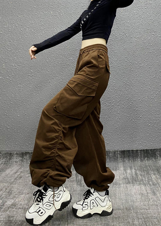 Coffee Pocket Cinched Elastic Waist Pants Autumn