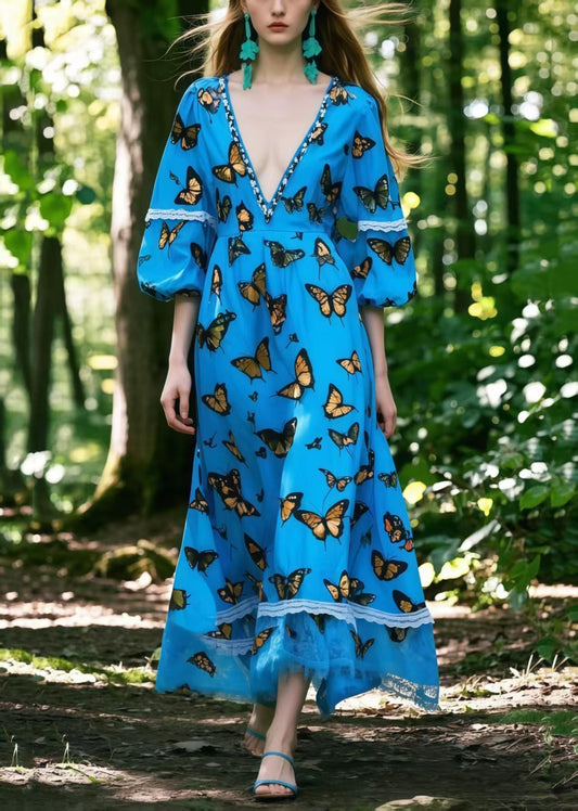 French Blue Deep-v Neck Print Cotton Long Dresses Lantern Sleeve
