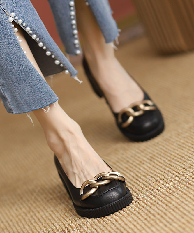 Faux Leather Beige Chain Linked Splicing Chunky Heel Penny Loafers