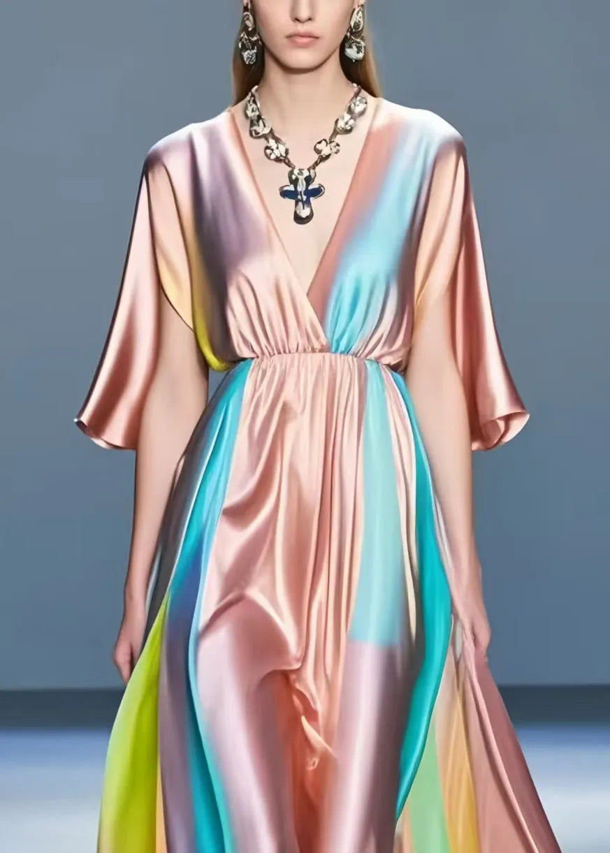 Boutique Brick Red V Neck Tie Dye Silk Long Dresses Summer