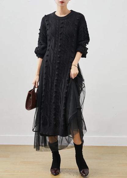 Black Side Open Knit Sweater Dress and Tulle Skirt Two Pieces Set Winter