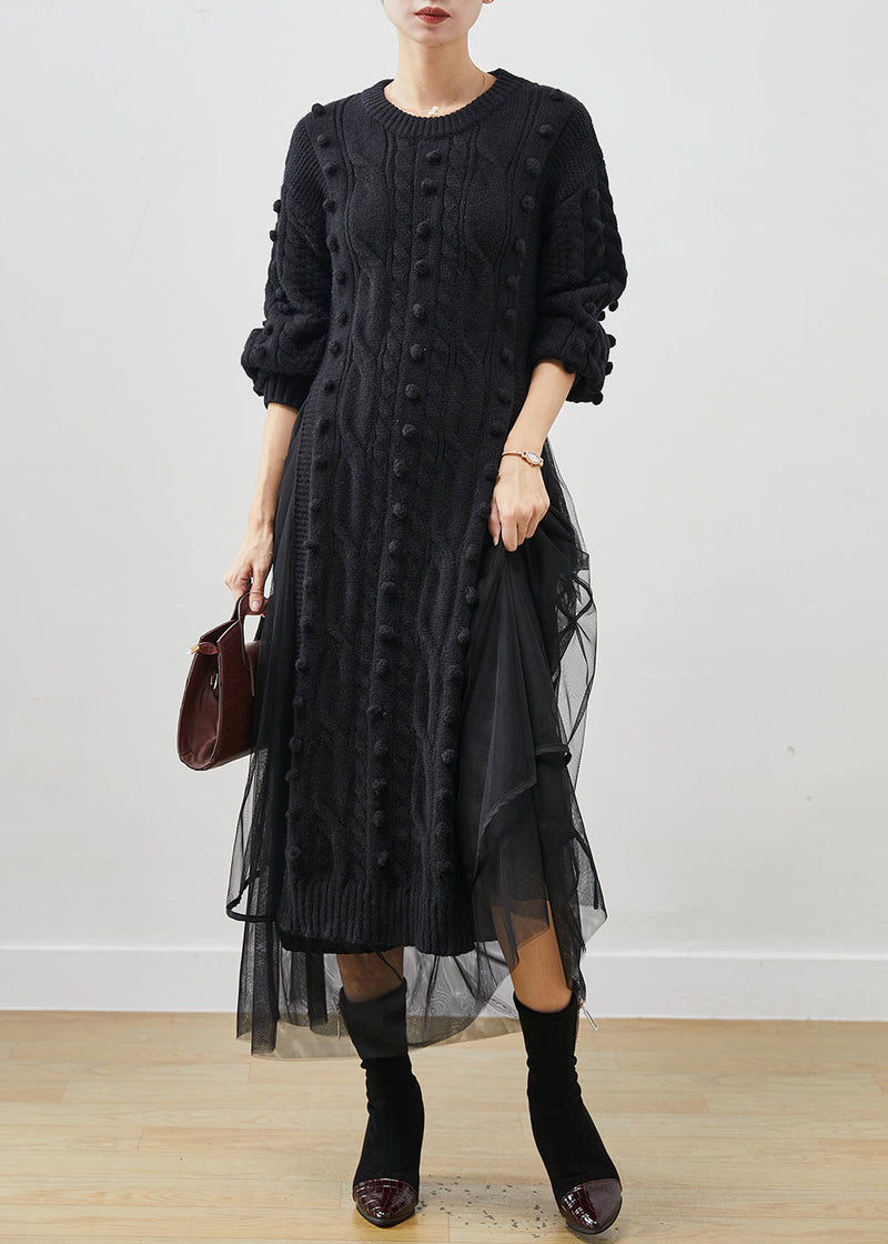 Black Side Open Knit Sweater Dress and Tulle Skirt Two Pieces Set Winter