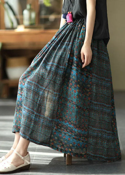 Blue Patchwork Print a Line Fall Ramie Skirts