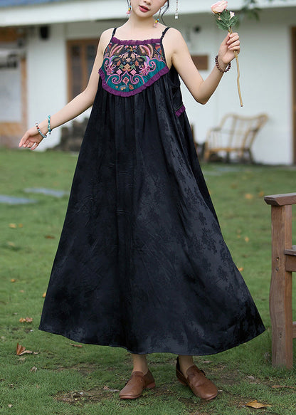 Green Embroidered Jacquard Silk Spaghetti Strap Dress Sleeveless