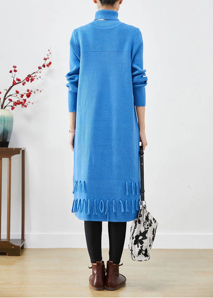 Blue Turtle Neck Tasseled Knitted Dress Fall
