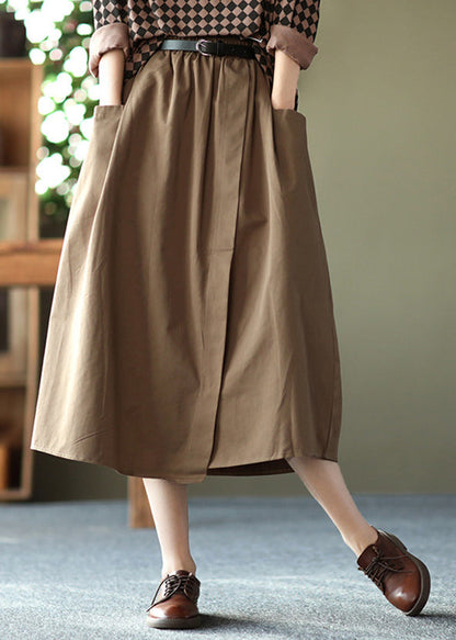 Handmade Khaki Oversized Patchwork Pockets Cotton a Line Skirt Summer
