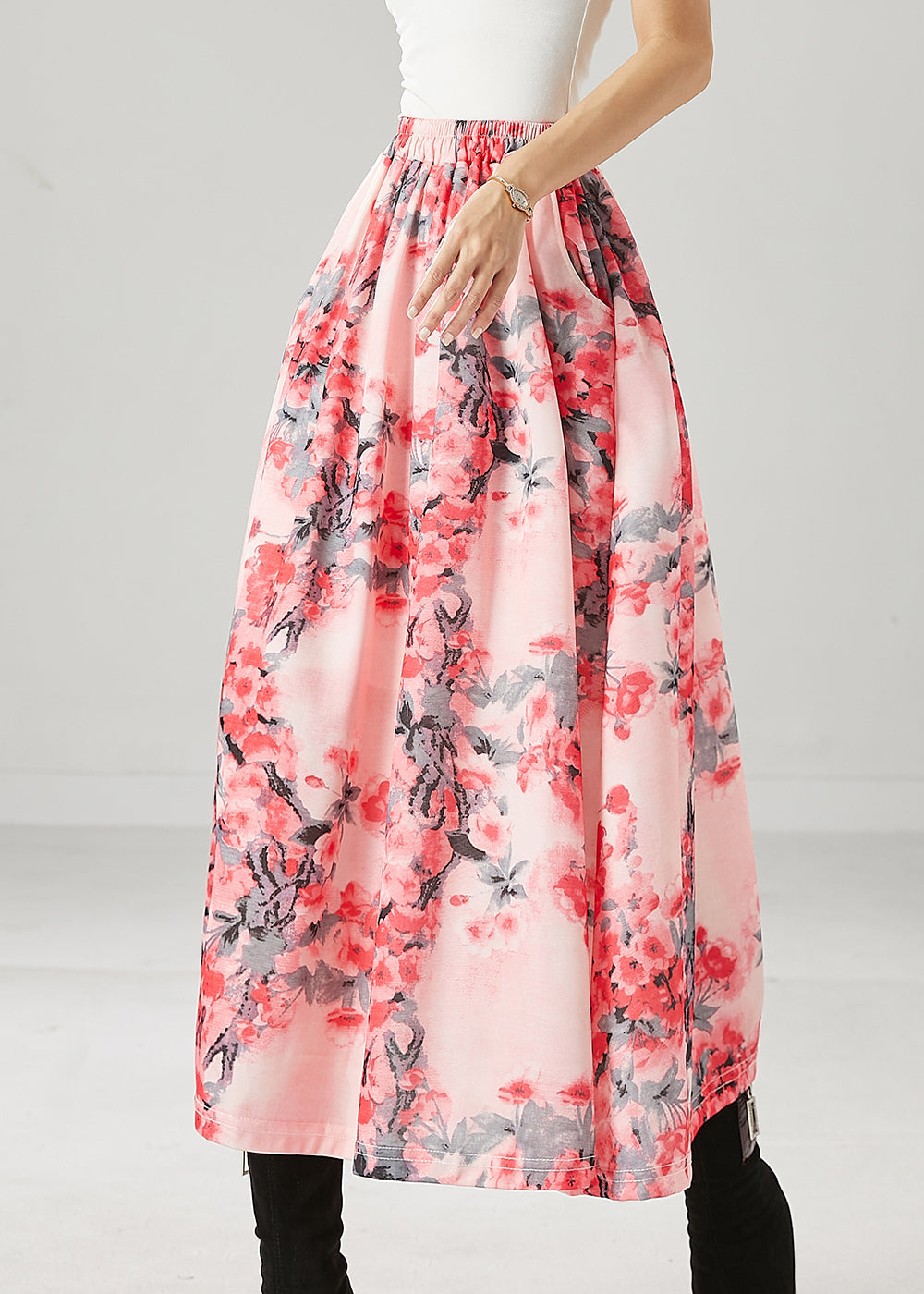 Pink Plum Blossom Print Cotton a Line Skirts Spring