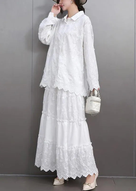 Boutique White Embroidered Lace Shirts and Maxi Skirts Two Pieces Set Flare Sleeve