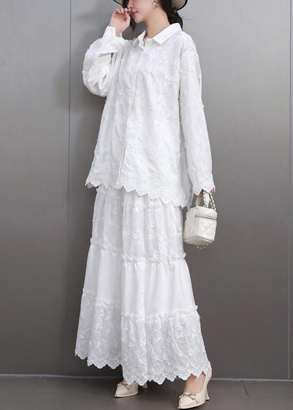 Boutique White Embroidered Lace Shirts and Maxi Skirts Two Pieces Set Flare Sleeve