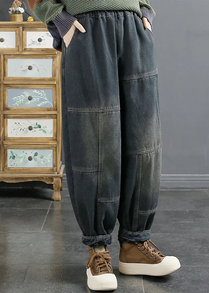 Blue Pockets Patchwork Elastic Waist Warm Fleece Denim Pants Fall
