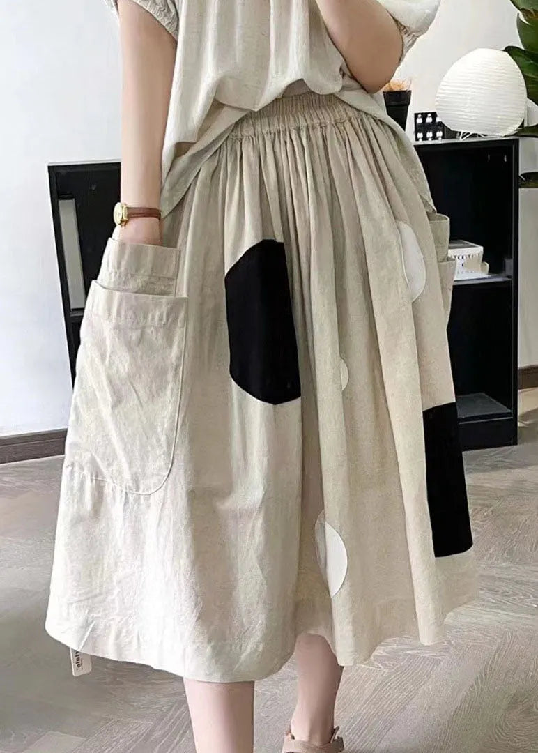 Handmade Khaki Dot Pockets Elastic Waist a Line Skirt Summer