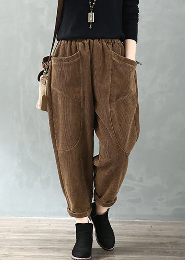 Chocolate Elastic Waist Pockets Velour Harem Pants Fall