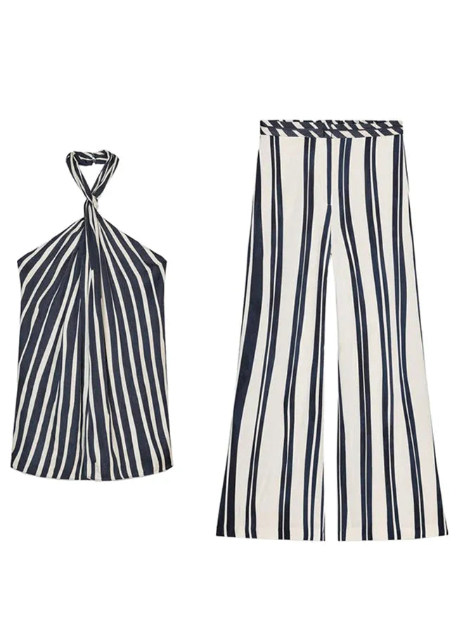 Slim Fit Striped Backless Tank and Pants Cotton Two Pieces Set Sleeveless