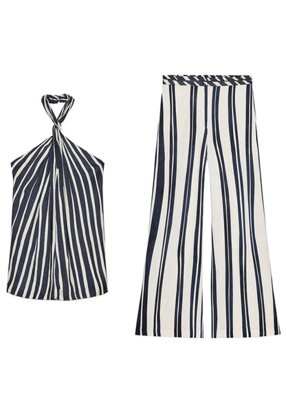 Slim Fit Striped Backless Tank and Pants Cotton Two Pieces Set Sleeveless