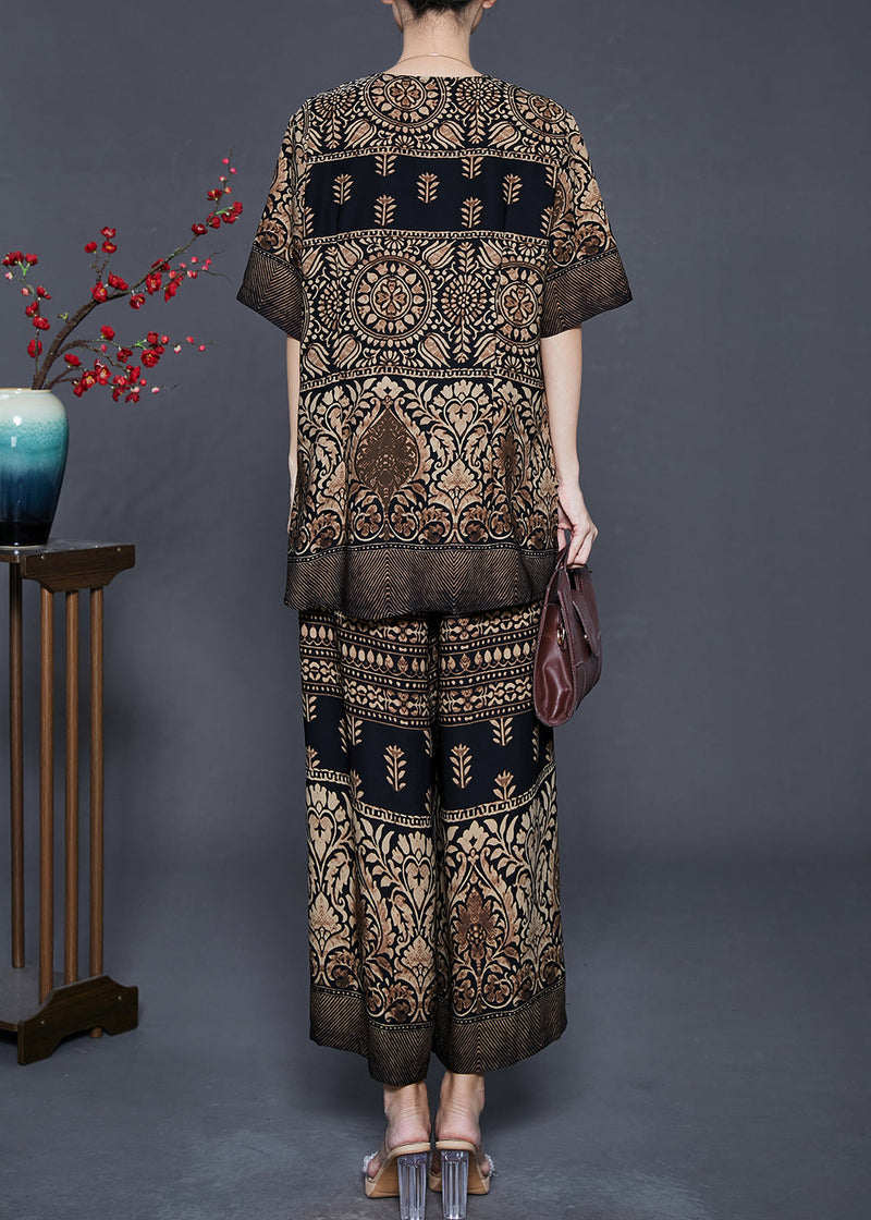 Stylish Brown V Neck Print Silk Two Piece Set Clothing Summer