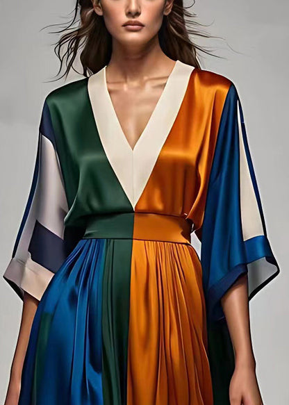Italian V Neck High Waist Patchwork Silk Maxi Dress Half Sleeve (ships in 24hrs)