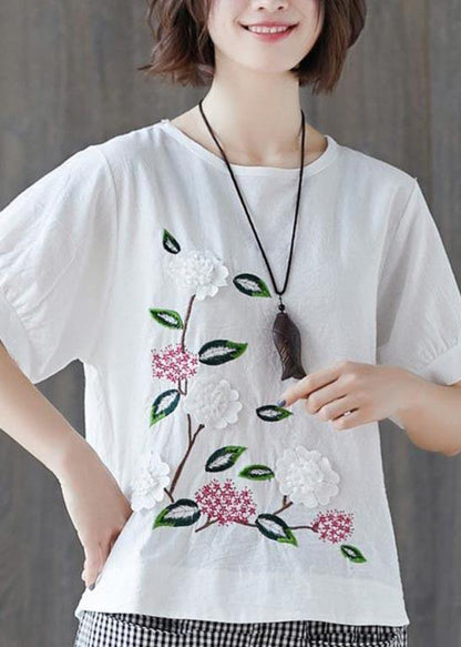 Loose White Embroideried Cotton Linen Tees Summer