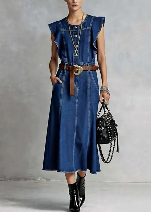 French Denim Blue O-neck Ruffled Button Summer Maxi Dresses Sleeveless