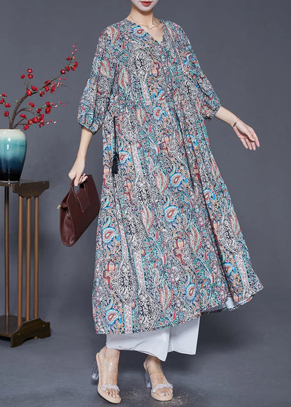 V Neck Drawstring Print Vacation Dress Lantern Sleeve